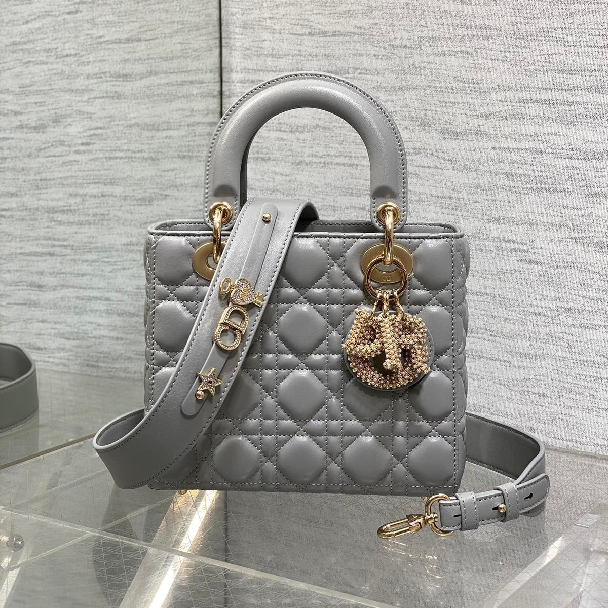 DIOR 25S LADY  BAG 20 IN DARK GRAY CALFSKIN CHARM PEARL EMBELLISHMENTS