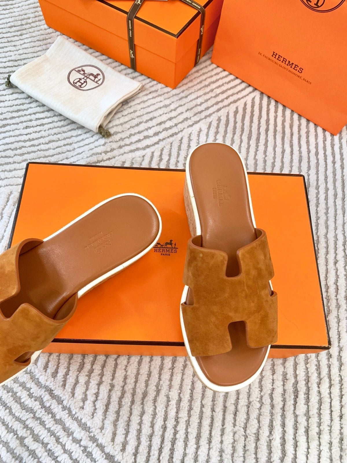 HERMES EZE 65 SANDAL BRIGHT BROWN SUEDE